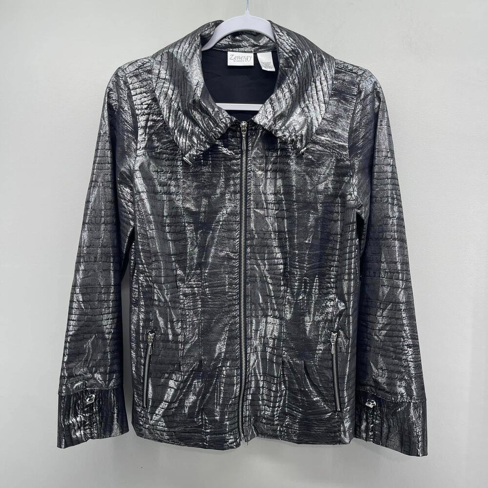 Chicos Zenergy Metallic‎ Jacket Womens XS Silver Full Zip Lightweight Casual